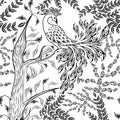Seamless fairy fantasy garden forest bird sketched pattern