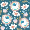 Seamless fairy pattern with frolicking unicorns, rainbow, clouds, rose flowers, cup of tea, blue butterflies, stars and leaves Royalty Free Stock Photo