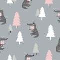 Seamless fairy tale forest pattern. Wolf swallowed little pig.