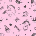 Seamless fairytale pattern with clouds, cupcakes, princess, unicorn, rainbow and crowns. Magic pink cartoon background Royalty Free Stock Photo