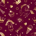 Seamless fairytale pattern with gold glitter clouds, cupcakes, princess, unicorn, rainbow and crowns. Magic purple cartoon