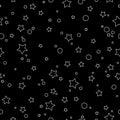 Seamless fairytale pattern with little rounded stars and circles with white outline on black background.