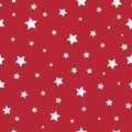 Seamless fairytale pattern with white little stars on red background. Vector illustration. Magic fireworks. Royalty Free Stock Photo