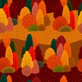 Seamless fall forest pattern, vector background