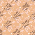 Seamless fall pattern with brown and light color branch forest bouquets. Orange background. Botanic backdrop