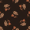 Seamless fall pattern with decorative branches and flowers on dark brown background Royalty Free Stock Photo