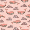 Seamless fantasy pattern with cute whales and clouds.