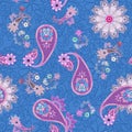 Seamless fantasy pattern with mandala, gentle flowers and paisley on lace blue background Royalty Free Stock Photo