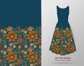 Seamless fashion background. Women`s long dress mock up with bright seamless hand drawn pattern for textile, paper print