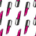 Seamless fashion pattern. Make up collection. Lipstick cartoon hand drawn on white