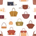 Seamless fashion pattern with women hand bags of different shape, color and design. Repeatable background with modern Royalty Free Stock Photo