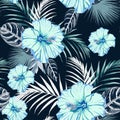 Seamless fashionable abstract graphical hand drawing blue hibiscus flowers and exotic leaves, print on dark background. Royalty Free Stock Photo