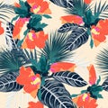 Seamless fashionable abstract graphical hand drawing orange hibiscus flowers and exotic leaves, print on yellow background. Royalty Free Stock Photo