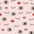 Seamless fashionable pattern of open and closed eyes, lips, hear