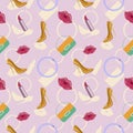 Seamless fashionable vector pattern, chaotic background with shoes, clutches, beads, lipstick and lips, over pink backdrop