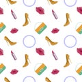Seamless fashionable vector pattern, chaotic background with shoes, clutches, beads, lipstick and lips, over white backdrop.