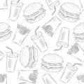 Seamless fast food pattern. Hand drawing.