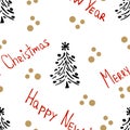 Seamless festive background with decorative Christmas trees and New Year and Christmas lettering. Perfect for presents paper