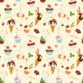 Seamless festive birthday cakes and ice-cream pattern. Flat sty