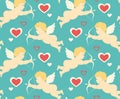 Seamless Festive Love Pattern with Cupid and Hearts on Blue