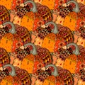 Seamless festive pattern with bright hand drawn pumpkin. Thanksgiving symbol.