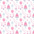 Seamless festive pattern with cake, balls, birds, triangle flags and decorative elements.