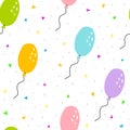 Seamless festive pattern with cartoon balloons, decor elements. flat vector for birthday. kids hand drawing.