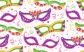 Seamless festive pattern with masks, confetti, ribbon on white background. Flat hand drawn holiday backdrop. Vector texture