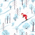 Seamless festive pattern with winter forest and santa claus. Santa Claus is skiing. Scandinavian landscape with firs and snowy Royalty Free Stock Photo