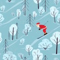 Seamless festive pattern with winter forest and santa claus. Santa Claus is skiing. Scandinavian landscape with firs and snowy Royalty Free Stock Photo