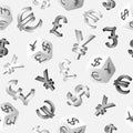 Seamless finance background with currency symbols dollar, euro, pound, yen, yuan. Vector illustration. Royalty Free Stock Photo