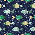 Seamless fish marine pattern dark blue and green repeat background. Royalty Free Stock Photo