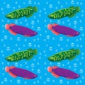 Seamless fish pattern green and purple-pink on bubbles background. The background design element of the print paper cloth. Vector Royalty Free Stock Photo