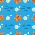 Seamless fish and starfish pattern. Sea background