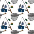 Seamless fishing pattern vector with best dad mug, tackle box, and net Royalty Free Stock Photo
