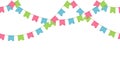 Seamless flag garland, decoration chain, pink, blue, green rounded pennons without background