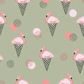 Seamless flamingo ice cream cone pattern.