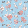 Seamless flamingo and monstera leaves pattern. Exotic tropical decoration. Vector nursery print