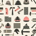 Seamless construction tools pattern with helmets, hammers, bricks and equipment, flat industrial illustration Royalty Free Stock Photo