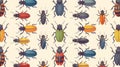 This seamless flat modern illustration features beetles with a repeating pattern design. Many insects on a background