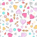 Seamless flat pattern with cupid, hearts and angel wings for Valentines day or Lovers Day.