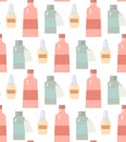 Seamless flat pattern with medicine bottles and potions in a row on a white background. Ointments and balms. Vector texture