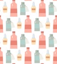 Seamless flat pattern with medicine bottles and potions in a row on a white background. Ointments and balms. Vector texture Royalty Free Stock Photo