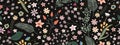 Seamless Flora pattern.Vector Endless Cute floral blooming on Black Background,Summer and spring motifs with different wild Royalty Free Stock Photo