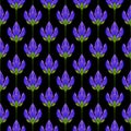 Seamless floral abstract pattern. Colorful print composed of colored purple flowers on black background. Summer bright background. Royalty Free Stock Photo