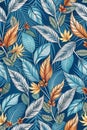 Seamless floral allover pattern with abstract line and leaf texture blue background for digital print Royalty Free Stock Photo