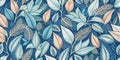 Seamless floral allover pattern with abstract line and leaf texture blue background for digital print Royalty Free Stock Photo