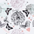 Seamless floral background with dandelions and butterflies in p Royalty Free Stock Photo