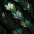 Seamless floral background. Gobelin Fabric with shimmering opalescent green leaves. Dark wallpaper background, AI generative