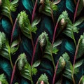 Seamless floral background. Gobelin Fabric with shimmering opalescent green leaves. Dark wallpaper background, AI generative